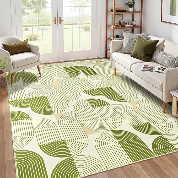 8x10 Area Rugs Washable Living Room Rug - Non-Slip Carpets Modern Rug | Neutral Soft Abstract Carpet Indoor Floor Stain Resistant Large Carpets for Bedroom Dining Room Nursery Home Office, Green