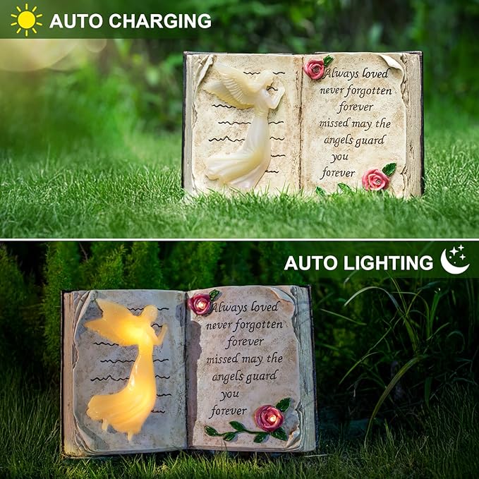 Solar Memorial Garden Lights, Angel Book Statue with Warm LED Glow, Weather-Resistant Outdoor Cemetery Decorations with 2 Removable Stakes, Sympathy Gifts for Loss of Loved One, Garden Yard Decor