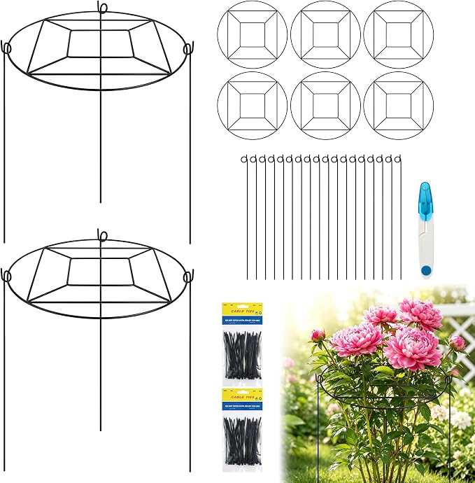 8 Pack Peony Cages and Supports with 100 Cable Ties and a Pair of Scissors, 12" D x 16" H Heavy Duty Metal Plant Support Rings with 3 Legs, Rustproof Garden Support Hoops for Peony, Hydrangea, Tomato