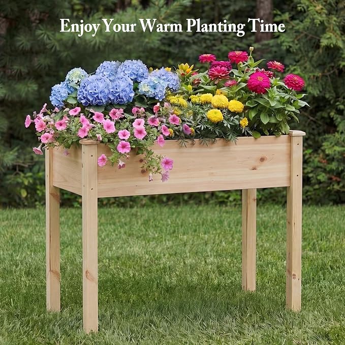 DUMOS Raised Garden Bed 34x18x30 Inch, Outdoor Planter Box with Legs, Elevated Wood Garden Bed with Liner for Herbs Flowers Vegetables, Wooden Planter Box for Patio, Balcony, Backyard, Natural Wood