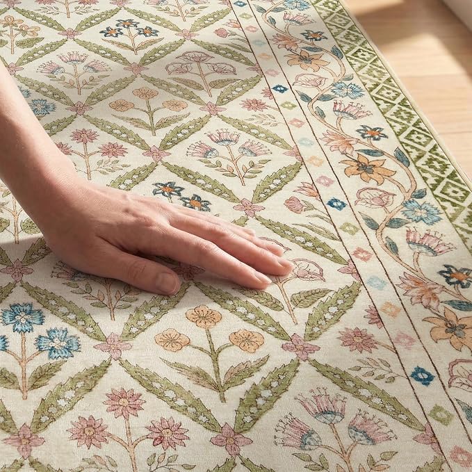 jinchan 5x7 Vintage Floral Washable Living Room Area Rug, Sage Green | Soft & Lightweight, Checkered Floral, Low Pile, Non Slip, Bedroom, Dining Room, Girls Room, Home Office, Cottage Decor