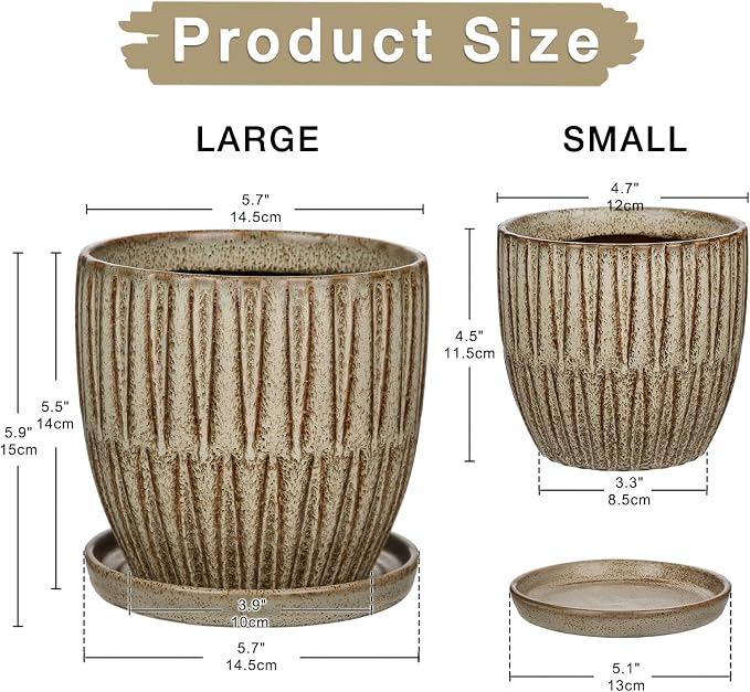 Oairse Ceramic Pots for Indoor Plants, 4.7 +5.7 inch Pots for Plants Set of 2 Brown Plant Pots with Drainage Holes and Saucers Texture Ceramic Planters Indoor Outdoor Flower Pot for Succulent