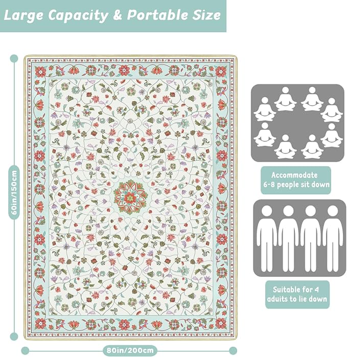 Picnic Blankets Extra Large Waterproof, 80"x 60" Boho Floral Beach Mat with Corner Pockets Windproof Sandproof Foldable Portable 3-Layer Mat for Wet Grass,Parks,Music Festival,Camping,Concerts