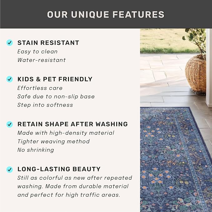 Non Slip 2x10 Dark Blue Hallway Runner - 10ft Long Runner Rugs, Washable Kitchen Floor Mat - Vintage Navy Floral Design Décor