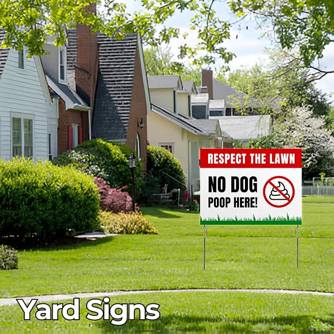 Respect the Lawn – No Dog Poop Here! Yard Sign by DC | 24"x18" Double Sided Pets Garden Sign with 13” Metal Stakes | Outdoor Signs Waterproof for Lawn, Patio, Sidewalk & House | Set of 4 | Made in USA