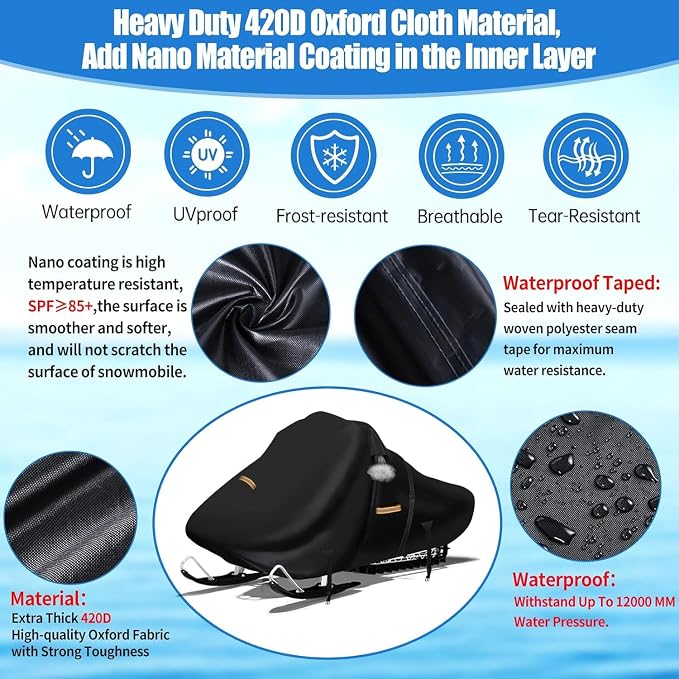 420D Snowmobile Cover, 130" L x 51" W x 48" Heavy Duty Oxford Fabric, with Windproof Buckles Reflective Universal Snow Mobile Cover for Skidoo,Arctic Cat,Pro RMK,Yamaha,Lynx,Camso,CFMOTO