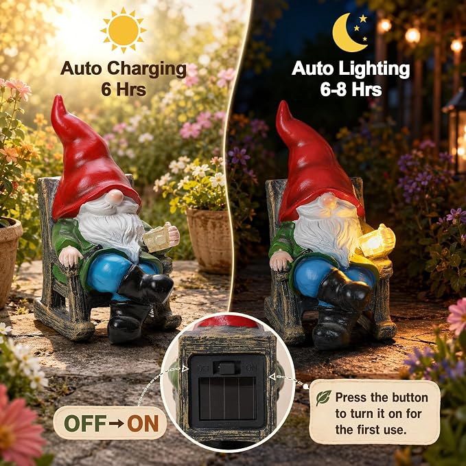 Solar Garden Gnomes Outdoor Statue with Rocking Chair and Teacup Decor, Lawn Decor for Yard, Patio, Balcony, Porch, Funny Gnomes Gift for Mom Women Men Dad Grandma