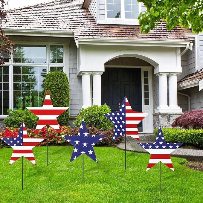 5 Pcs Patriotic 4th of July Outdoor Decorations Independence Day Metal Yard Signs with Stake American Flag Red White Blue Star 250 Anniversary Lawn Signs for 4th of July Garden Party Decor