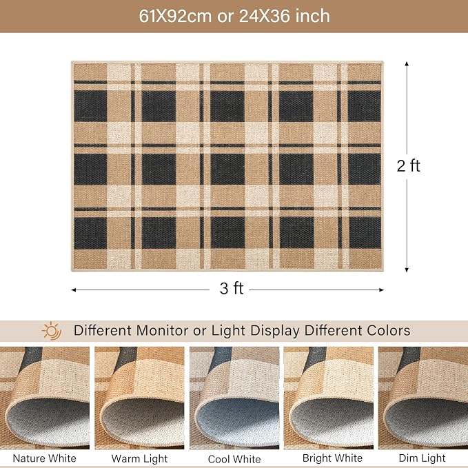 2x3 Checkered Jute Mat, Washable Non-Slip Farmhouse Rug, Black/Brown | Non-Slip Rubber Backing, Machine Washable, Low-Pile Jute, Farmhouse Geometric Design, Durable For Daily Use.