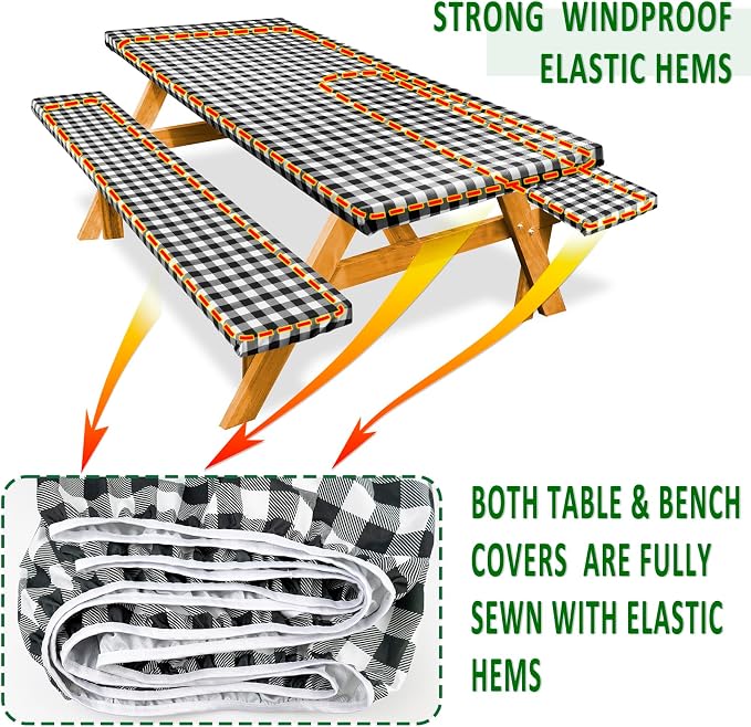 Picnic Table Cover with Bench Covers Camping Essentials Reusable Waterproof Windproof Camping Tablecloth Fitted Rectangle Tables and Seats, 72in, Black Checkered