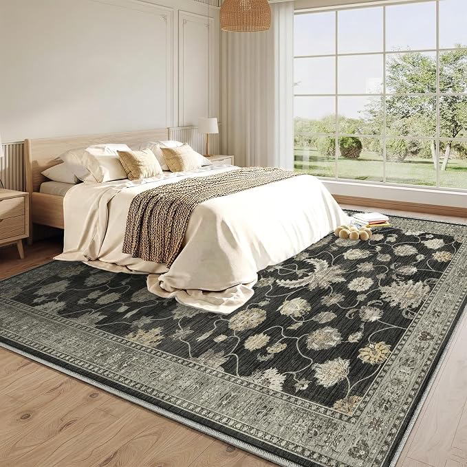 5x7 Area Rug for Living Room Vintage Neutral Washable Rugs | Stain Resistant Farmhouse Boho Floral Indoor Carpet for Bedroom Office and Home Decor(Black&Gold)