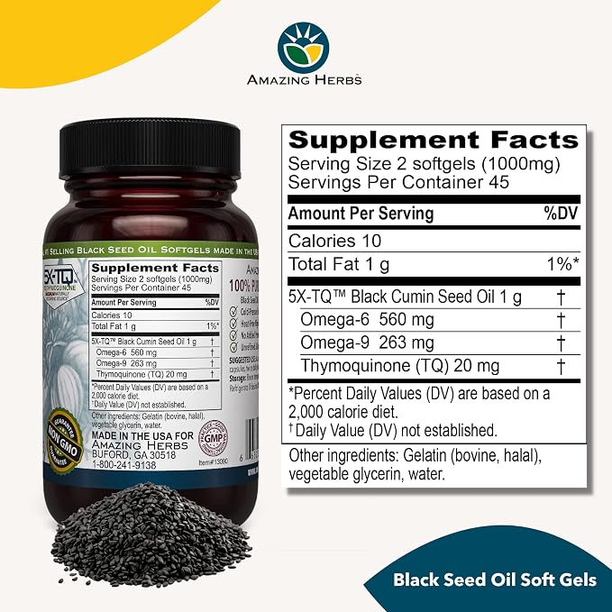 Amazing Herbs Premium Black Seed Oil Capsules - Gluten Free, Non GMO, Cold Pressed Nigella Sativa Aids in Digestive Health, Immune Support- 90 Count, (Pack of 1)