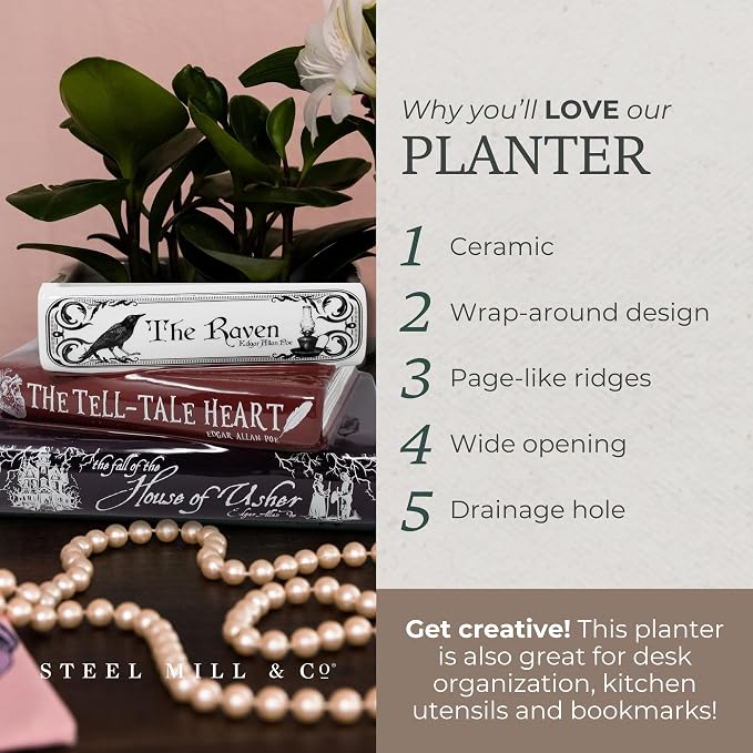 Steel Mill & Co Original Small Book-Shaped Decorative Planter, Ceramic Planter for Home Decor, Gothic Bookshelf Decor, Unique Planter for Book Lover (Edgar Allan Poe)