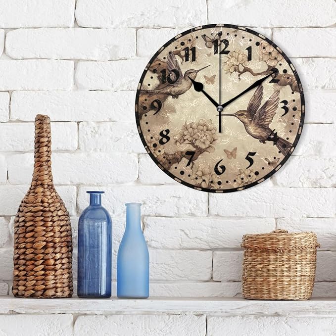 Hummingbirds Wall Clock, Silent Non Ticking 10 Inch Battery Operated Wall Clocks, Easy to Read Clock for Home Kitchen Living Room Bathroom Office Decor