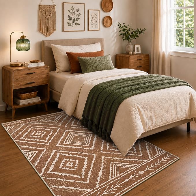 4'x6' Washable Area Rug for Living Room Bedroom Yellowbrown | Soft Western No Slip Low Pile Print Foldable Indoor for Kitchen Dining Room