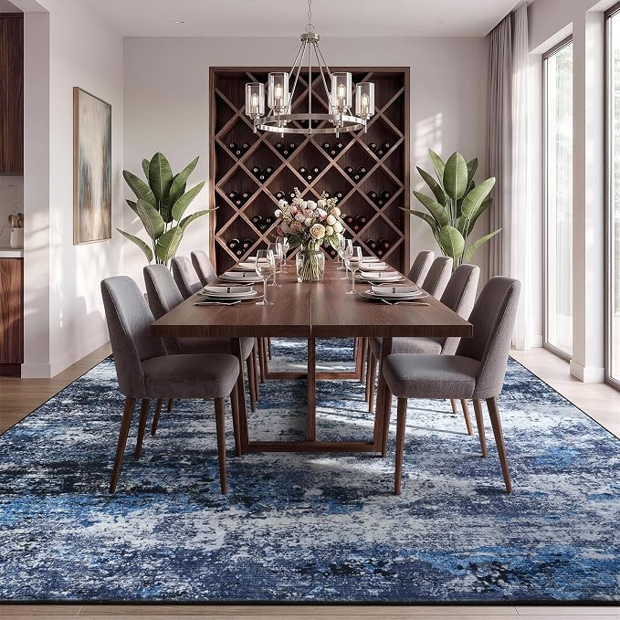8x10 Area Rug for Living Room, Abstract Washable Large Rugs, Blue Gray | Soft Neutral Carpet for Bedroom, Dining Room, Home Office Nursery Indoor, Stain Resistant, Non-Slip, Low Pile Modern Rug