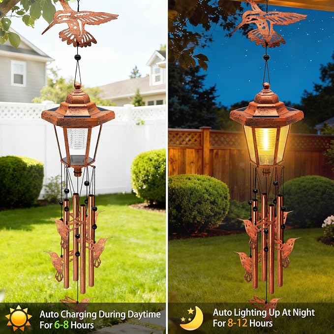 2 Pack Solar Hummingbird Wind Chimes, Gifts for Women Mom Grandma Wife Sister Daughter Neighbor, Classic Bronze Wind Chimes with Wind Catcher, Solar Decor Lights for Outdoor Garden Patio Porch Window