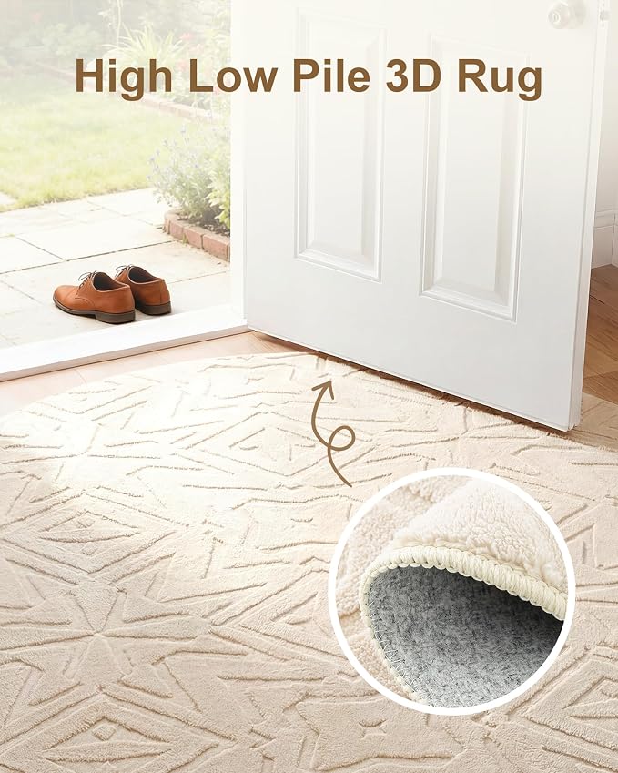 Carvapet 6.5ft Round Geometric Rug Beige Washable High Low Pile Carpet | Soft plush textured rug with non slip backing for living rooms, bedrooms, nurseries and cozy indoor spaces