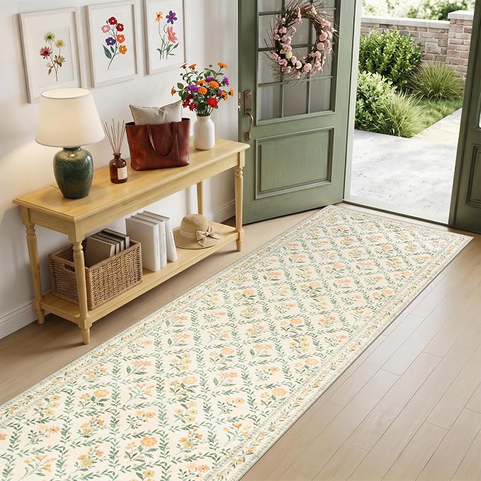 PLHXFR 3x10 Washable Runner Rug：Floral Indoor Kitchen Carpet Beige Multi | For Hallway Bedroom Kitchen Laundry Bathroom Dorm,Vintage Floral,Machine washable,Non Slip,Stain Resistant,Indoor Floor