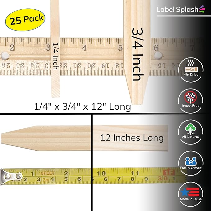 25 Pack Wooden Garden Stakes, 12" Long x 3/4" Wide, Made in USA Pine Plant Markers, Chisel Point Yard Stakes for Gardening, Row Labels, Signs & Crafts