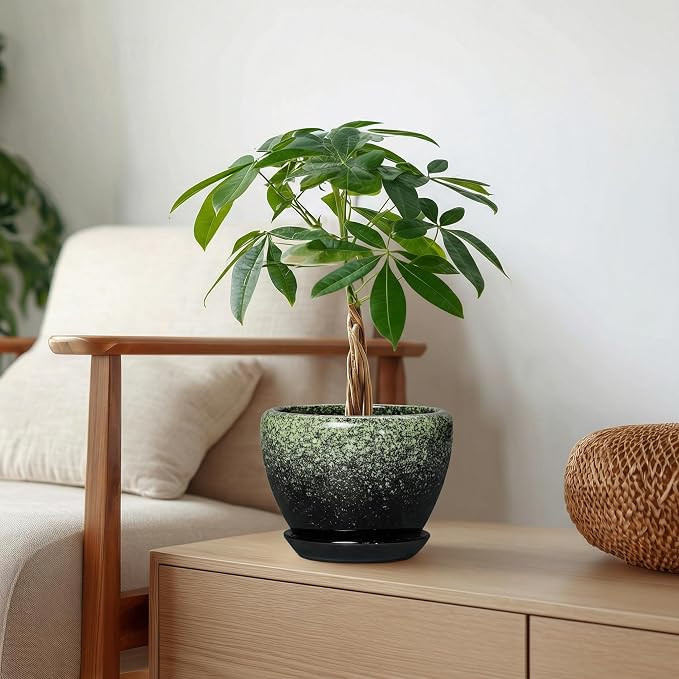 Ceramic Pots for Plants - 6 Inch Plant Pots with Drainage Hole and Saucer, Ceramic Planters for Indoor Plants, Decorative Succulent Pot, Office Decor, Gifts for Plant Lovers, Retro Green