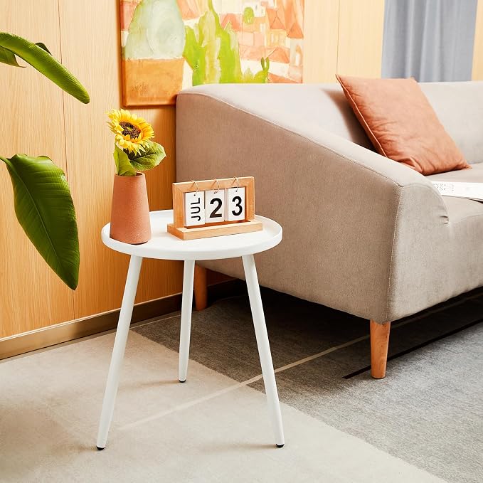 Linpla End/Side Tables - Small Round Accent Table, Metal White Narrow Night Stands with 3 Legs, Ideal for Any Room-Side Tables Living Room, Bedroom, Plant Stand Balcony, Indoor & Outdoor
