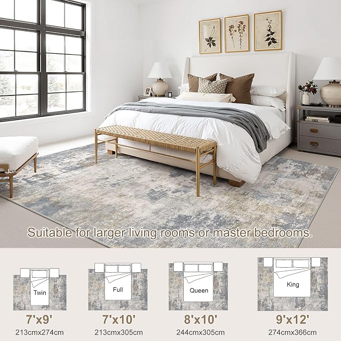 UERMEI 9x12 Area Rug Living Room Rugs - Washable Neutral Modern Abstract Soft Thin Large Rug Indoor Floor No Slip Rug Carpet for Bedroom Under Dining Table Home Office Decor - Blue Grey