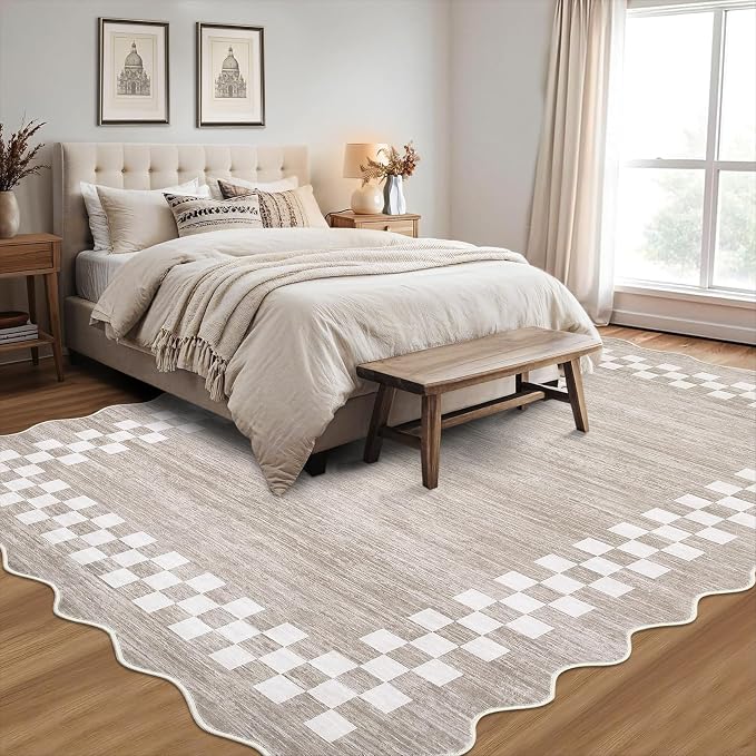 GarveeHome Washable 10x13 Area Rug Large Living Room Scalloped Rug | Non Slip Low Pile Bedroom Throw Carpet Soft Modern Bordered Dining Room Rugs Stain Resistant Carpet for Home Office, Fog