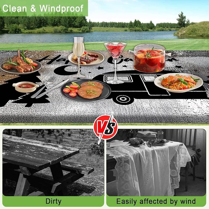 Picnic Table Cover with Bench Covers Elastic Edges, Black Grey Happy Camper Fitted Table Cover, Outdoor Patio Camping Essentials 96 Inch 3PCS, Waterproof Camping Tablecloth with Drawstring Bag