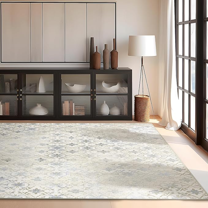 Phantoscope Geometry Collection Area Rug 5'x7' for Living Room - Washable Rug Large Boho Carpet Non-Slip for Bedroom Dining Room, Indoor Low-Pile Neutral Distressed Accent Rug, Teal Floral/Beige