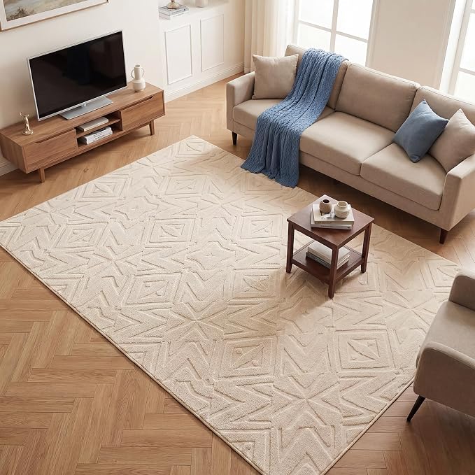 Carvapet Washable 6x9 Area Rug Beige Modern High Low Pile Carpet | 3D high low pile texture, luxurious soft plush rug with skid-resistant backing for living room and dining room
