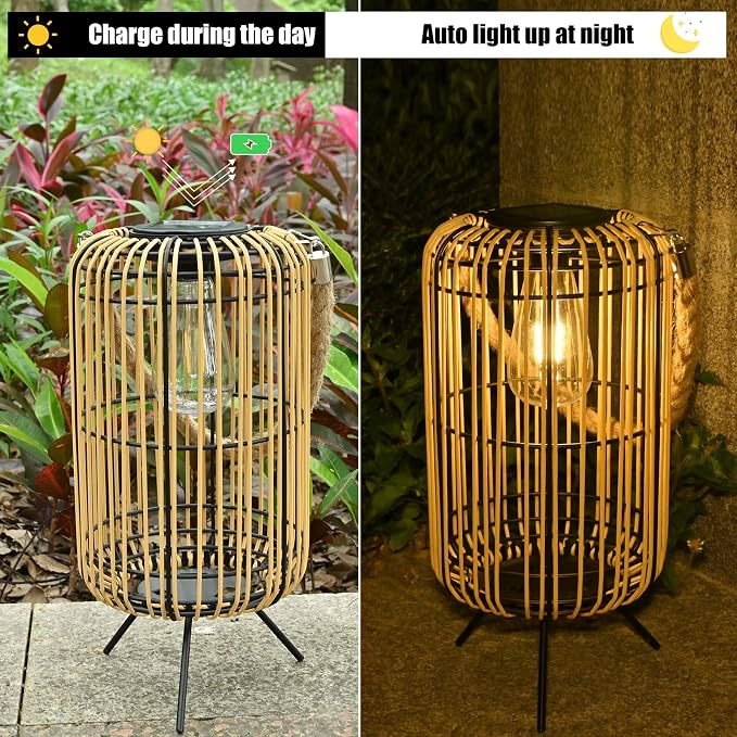 Livinlarge Solar Lantern Outdoor Waterproof,Large Rattan Lantern Outdoor Hanging with Handle,Bright Solar Lights with Edison Bulb for Garden Patio Yard Tabletop Decoration