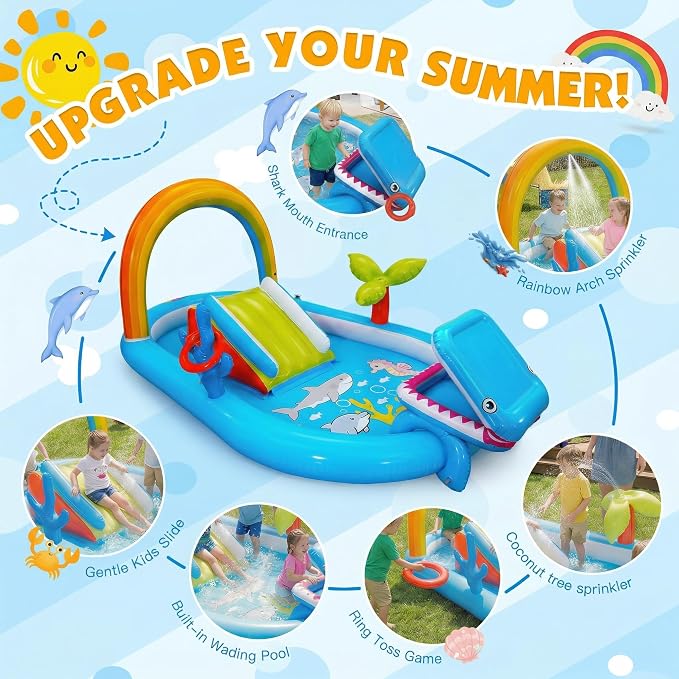 Inflatable Kiddie Pool with Slide, Water Sprayer, Waterfall, 98 × 64 × 39in Kids Play Center Water Park for Summer Outdoor Splash, Backyard and Garden (Rainbow Without Blower)
