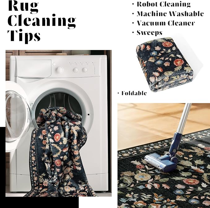 5x7 Area Rugs Washable Floral Rug Non Slip Ultra-Thin Large | Machine Washable Throw Carpet for Living Room Bedroom Office Dining Room Floor Indoor Low Pile Boho Vintage Black
