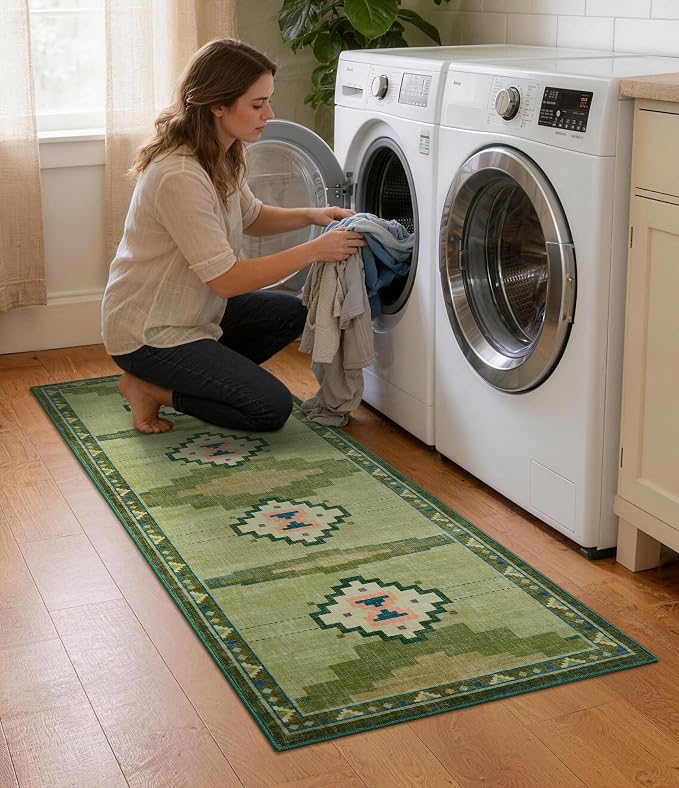 YIHOUSE 2‘x6' Non-Slip Green Mid Century Modern Runner Rug for Kitchen | Washable, Low Pile, Funky Retro Aztec Long Rug for Hallway Entryway Bedroom