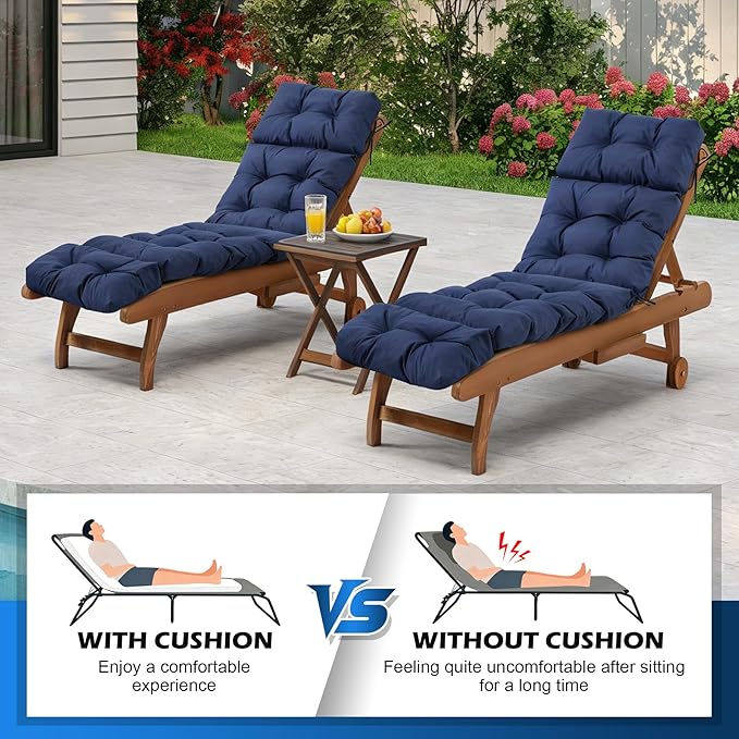 2 Pcs Chaise Lounge Cushions Outdoor,Waterproof & Fade Resistant Patio Lounge Chair Cushions for Outdoor Furniture, Chaise Cushion with Ties for Pool, Lawn and Beach, 75.1x22.8x4.7 Inch, Navy Blue