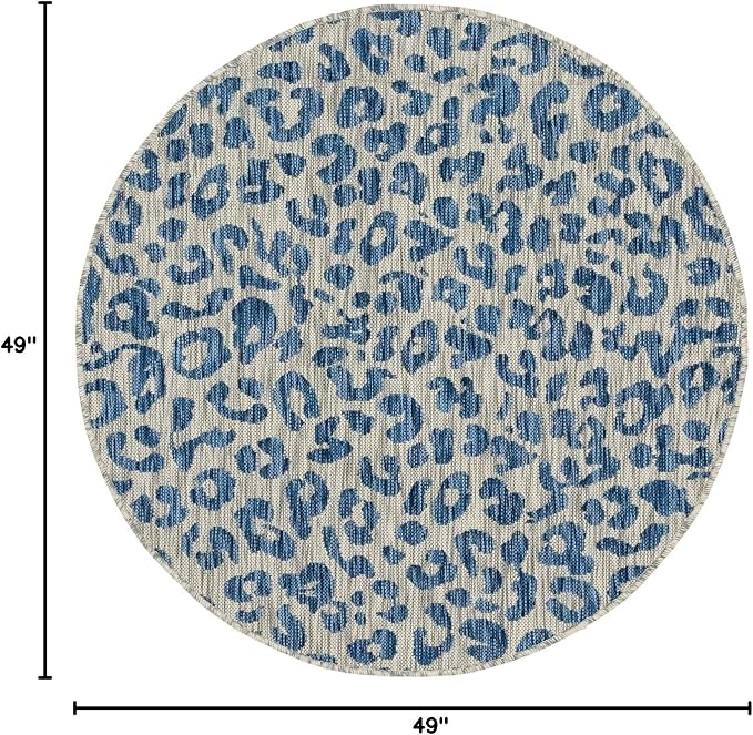 Unique Loom Outdoor Safari Collection Area Rug - Leopard (4' 1" Round, Blue Yellow/ Blue)