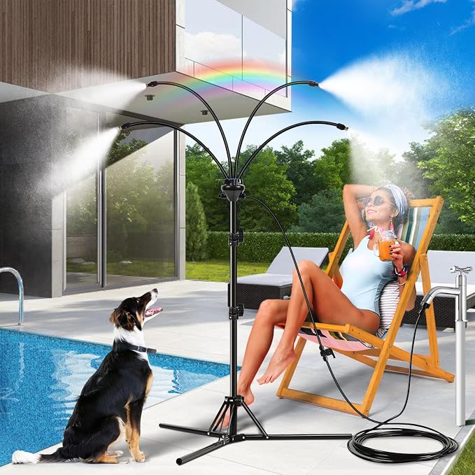 Standing Misters for Outside Patio - 5.3FT Stand Misting System for Cooling Outdoor Areas, Easy to Install & Maintain, 4 Adjustable Nozzles for Custom Coverage, Durable for Backyard Use