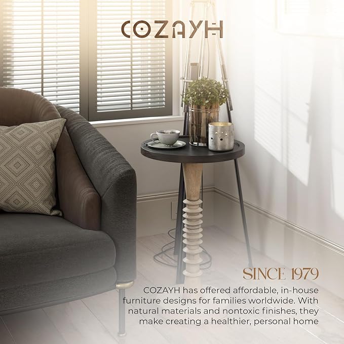 COZAYH Pedestal Small Drinking Table, Farmhouse Tray Top End Table, Distressed Finish, Black Top on Aging White Frame