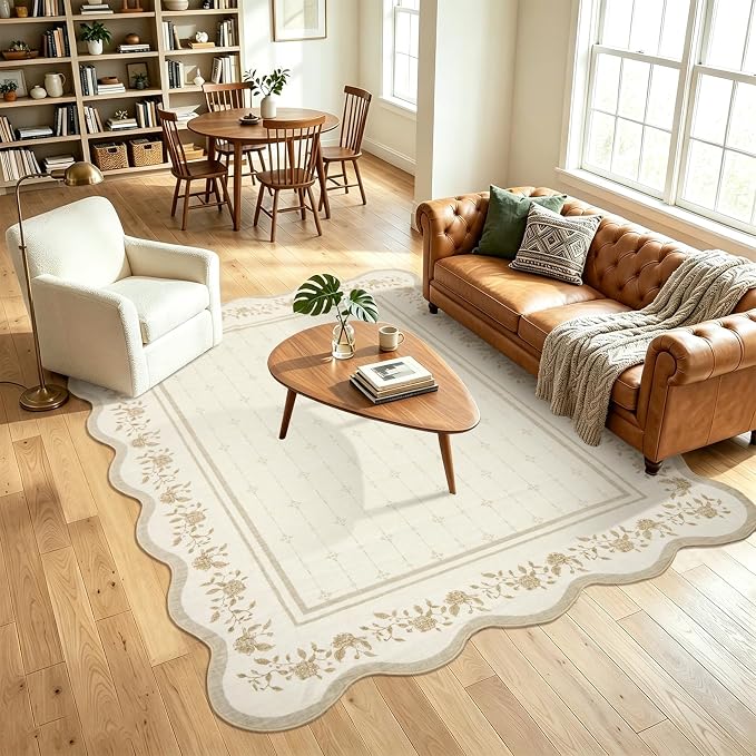 Garvee Scollaped Rugs for Living Room 5x7 Area Rugs for Bedroom Soft Ivory | Non-Slip Low Pile Neutral Kids Rug Non-Shedding Bordered Nursery Carpet Foldable Thin Mat for Dining Room Kitchen Playroom