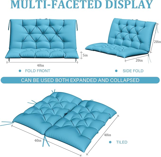 Porch Swing Cushion with Backrest,Waterproof Bench Cushion for Outdoor Furniture,2-3 Seater Replacement Thickened 5 in swing cushion,with Ties,Patio,Outdoor,Backyard and Garden (Lake Blue,40x40 in)
