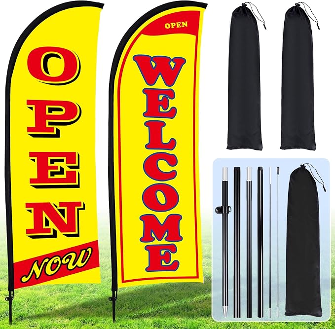 Buryeah 2 Sets Now Open Flag Banner for Business Advertising 7 ft Feather Flag Sign with Flagpole Ground Stake Portable Bag (Yellow)