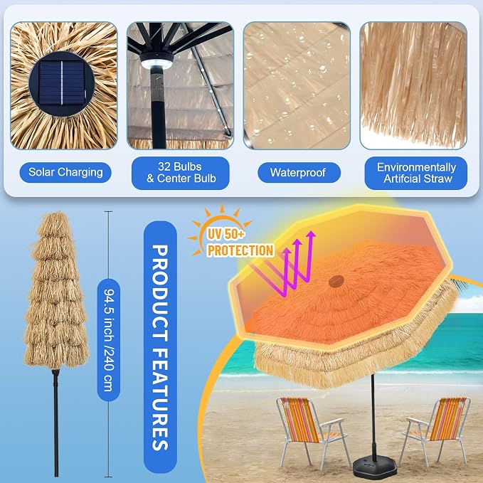 9FT Tiki Thatched Umbrella With Solar Lights for Outdoor Patio Poor Garden | 8 Steel Ribs,Zinc Alloy Push Button Tilt,UPF 50+,Strong Wind Resistance,9-12 hours of lighting,45°of tilt,Easy Set Up