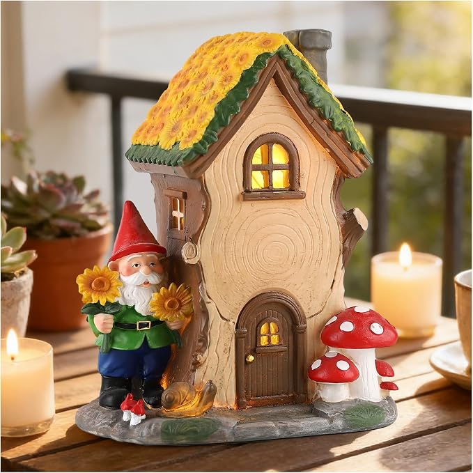 11.42" Solar Garden Gnome House Statue with Lighted Resin Fairy House | Sunflower and Mushroom Decor for Patio, Yard, Porch, Entryway and Balcony, Charming Garden Sculpture Gift for Mom and Grandma