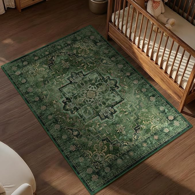 Green Medallion 4x5 Throw Rug for Large Kitchen, Distressed Vintage Small Area Rugs for Living Room Bedroom, Washable Non Slip Thin Carpet Rug for Home Office/Bathroom/Foyer