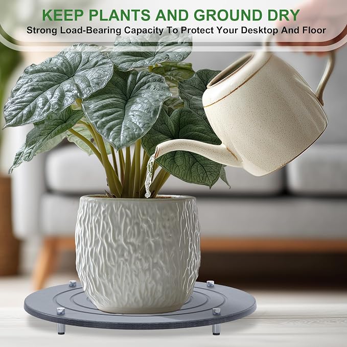 2Pcs 12 Inch Plant Saucers for Indoors, Instant Dry Diatomaceous Earth Plant Saucer, Plant Trays for Pots with Stainless Steel Feet, Plant Water Catcher Tray, Gray