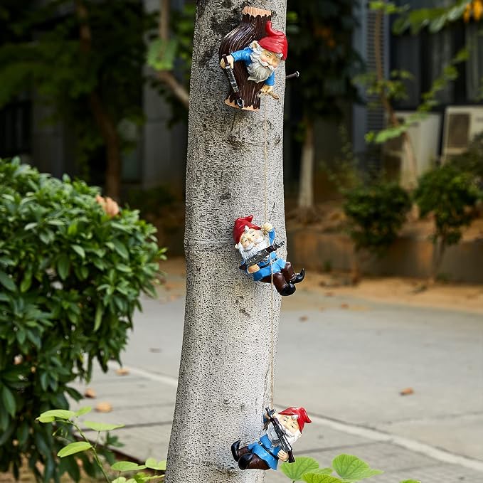 Garden Climbing Tree Gnomes Gun SWAT Climbing Team Figurines, Adorable Gardens Decor, 3 Pack of Durable Colorful Weather Proof Indoor & Outdoor Ornaments, Lawn Trees, Yard, or Patio, 6.5" Sculpture