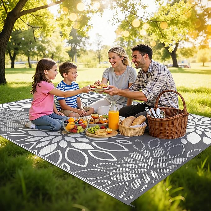HEBE Waterproof Outdoor Rug 5x8 for Patios, Floral Reversible Plastic Straw Rug Patio Mat, Indoor Outdoor Carpet RV Mat Camping Rug for Deck, Camper, Porch, Balcony, Backyard, Picnic