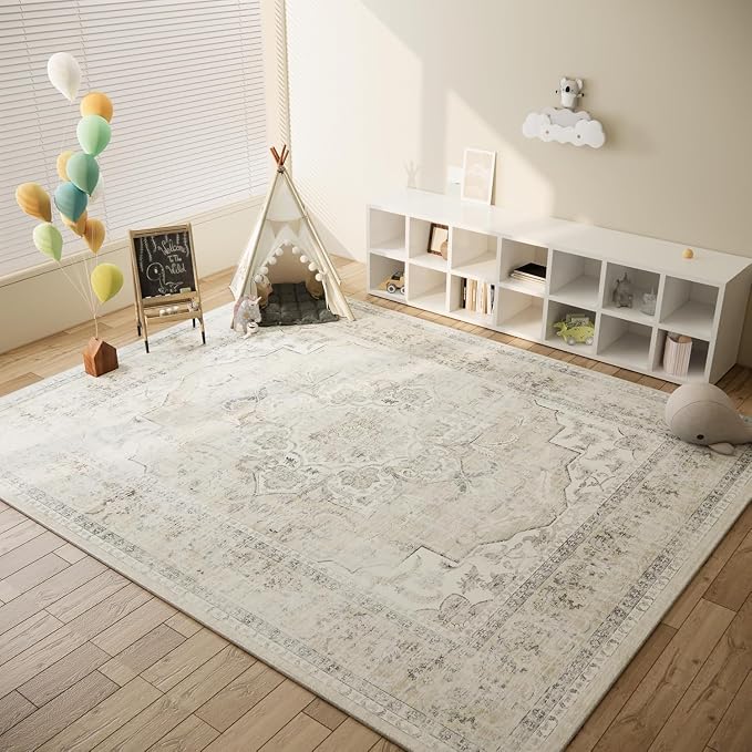 10x12 Area Rugs for Living Room: Large Washable Rug Non Slip Low Pile Soft Faux Wool Non Shedding Distressed Lightweight Vintage Floral Carpet for Bedroom Dining Room Kids Playroom Nursery Farmhouse