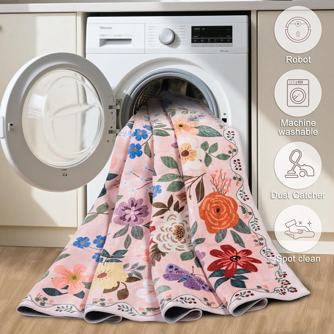PLHXFR 2x3 Small Entryway Rug: Floral Washable Indoor Soft Carpet Beige | For Entrance, Bedroom, Kitchen, Laundry, Bathroom,Door Mat,Vintage Floral,Machine washable,Non-Slip,Stain Resistant,Indoor